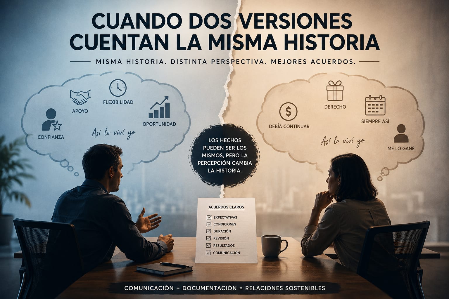 Dos personas interpretando de forma diferente un mismo acuerdo empresarial, representando la importancia de la comunicación y la documentación.
