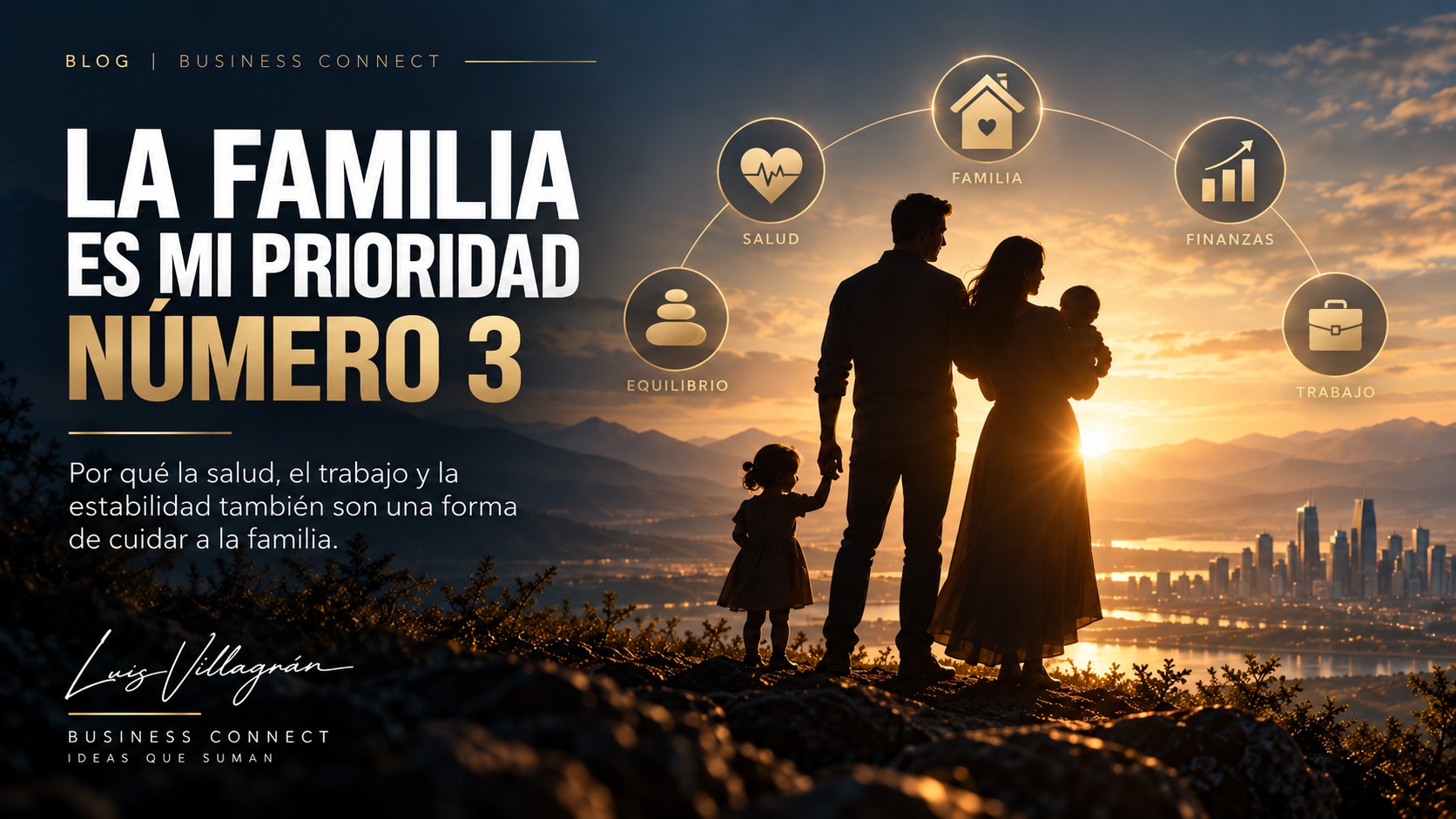 Portada del blog La paradoja de poner a mi familia en tercer lugar, con la silueta de una familia al atardecer y elementos visuales sobre salud, equilibrio, familia, finanzas y trabajo.